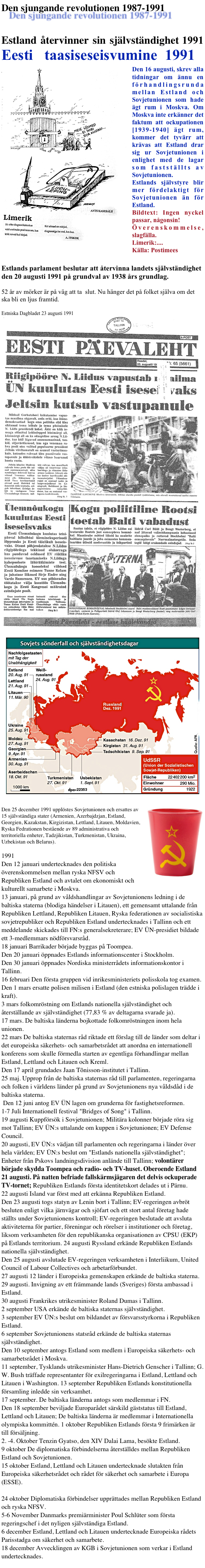 Den sjungande revolutionen 1987-1991 


Estland återvinner sin självständighet 1991  Eesti   taasiseseisvumine  1991
￼Den 16 augusti, skrev alla tidningar om ännu en förhandlingsrunda mellan Estland och Sovjetunionen som hade ägt rum i Moskva. Om Moskva inte erkänner det faktum att ockupationen [1939-1940] ägt rum, kommer det tyvärr att krävas att Estland drar sig ur Sovjetunionen i enlighet med de lagar som fastställts av Sovjetunionen. 
Estlands självstyre blir mer fördelaktigt för Sovjetunionen än för Estland.
Bildtext: Ingen nyckel passar, någonsin!
Överenskommelse, slagfälla.
Limerik:....
Källa: Postimees

Estlands parlament beslutar att återvinna landets självständighet den 20 augusti 1991 på grundval av 1938 års grundlag. 

52 år av mörker är på väg att ta  slut. Nu hänger det på folket själva om det ska bli en ljus framtid.

Estniska Dagbladet 23 augusti 1991
￼

￼
￼
Den 25 december 1991 upplöstes Sovjetunionen och ersattes av 15 självständiga stater (Armenien, Azerbajdzjan, Estland, Georgien, Kazakstan, Kirgizistan, Lettland, Litauen, Moldavien, Ryska Fedrationen bestående av 89 administrativa och territoriella enheter, Tadzjikistan, Turkmenistan, Ukraina, Uzbekistan och Belarus).

1991 
Den 12 januari undertecknades den politiska överenskommelsen mellan ryska NFSV och Republiken Estland och avtalet om ekonomiskt och kulturellt samarbete i Moskva. 
13 januari, på grund av våldshandlingar av Sovjetunionens ledning i de baltiska staterna (blodiga händelser i Litauen), ett gemensamt uttalande från Republiken Lettland, Republiken Litauen, Ryska federationen av socialistiska sovjetrepubliker och Republiken Estland undertecknades i Tallinn och ett meddelande skickades till FN:s generalsekreterare; EV ÜN-presidiet bildade ett 3-medlemmars nödförsvarsråd.
18 januari Barrikader började byggas på Toompea. 
Den 20 januari öppnades Estlands informationscenter i Stockholm. 
Den 30 januari öppnades Nordiska ministerrådets informationskontor i Tallinn. 
16 februari Den första gruppen vid inrikesministeriets polisskola tog examen. 
Den 1 mars ersatte polisen milisen i Estland (den estniska polislagen trädde i kraft). 
3 mars folkomröstning om Estlands nationella självständighet och återställande av självständighet (77,83 % av deltagarna svarade ja). 
17 mars. De baltiska länderna bojkottade folkomröstningen inom hela unionen. 
22 mars De baltiska staternas råd riktade ett förslag till de länder som deltar i det europeiska säkerhets- och samarbetsrådet att anordna en internationell konferens som skulle förmedla starten av egentliga förhandlingar mellan Estland, Lettland och Litauen och Kreml. 
Den 17 april grundades Jaan Tõnisson-institutet i Tallinn. 
25 maj. Upprop från de baltiska staternas råd till parlamenten, regeringarna och folken i världens länder på grund av Sovjetunionens nya våldsdåd i de baltiska staterna.
 Den 12 juni antog EV ÜN lagen om grunderna för fastighetsreformen. 
1-7 Juli Internationell festival "Bridges of Song" i Tallinn. 
19 augusti Kuppförsök i Sovjetunionen; Militära kolonner började röra sig mot Tallinn; EV ÜN:s uttalande om kuppen i Sovjetunionen; EV Defense Council. 
20 augusti, EV ÜN:s vädjan till parlamenten och regeringarna i länder över hela världen; EV ÜN:s beslut om "Estlands nationella självständighet"; Enheter från Pskovs landningsdivision anlände till Tallinn; volontärer började skydda Toompea och radio- och TV-huset. Oberoende Estland 
21 augusti. På natten befriade fallskärmsjägaren det delvis ockuperade TV-tornet; Republiken Estlands första identitetskort delades ut i Pärnu. 
22 augusti Island var först med att erkänna Republiken Estland. 
Den 23 augusti togs statyn av Lenin bort i Tallinn; EV-regeringen avbröt besluten enligt vilka järnvägar och sjöfart och ett stort antal företag hade ställts under Sovjetunionens kontroll; EV-regeringen beslutade att avsluta aktiviteterna för partier, föreningar och rörelser i institutioner och företag, liksom verksamheten för den republikanska organisationen av CPSU (EKP) på Estlands territorium. 24 augusti Ryssland erkände Republiken Estlands nationella självständighet. 
Den 25 augusti avslutade EV-regeringen verksamheten i Interliikum, United Council of Labour Collectives och arbetarförbundet. 
27 augusti 12 länder i Europeiska gemenskapen erkände de baltiska staterna. 
29 augusti. Invigning av ett främmande lands (Sveriges) första ambassad i Estland. 
30 augusti Frankrikes utrikesminister Roland Dumas i Tallinn. 
2 september USA erkände de baltiska staternas självständighet. 
3 september EV ÜN:s beslut om bildandet av försvarsstyrkorna i Republiken Estland. 
6 september Sovjetunionens statsråd erkände de baltiska staternas självständighet. 
Den 10 september antogs Estland som medlem i Europeiska säkerhets- och samarbetsrådet i Moskva. 
11 september, Tysklands utrikesminister Hans-Dietrich Genscher i Tallinn; G. W. Bush träffade representanter för exilregeringarna i Estland, Lettland och Litauen i Washington. 13 september Republiken Estlands konstitutionella församling inledde sin verksamhet. 
17 september. De baltiska länderna antogs som medlemmar i FN. 
Den 18 september beviljade Europarådet särskild gäststatus till Estland, Lettland och Litauen; De baltiska länderna är medlemmar i Internationella olympiska kommittén. 1 oktober Republiken Estlands första 9 frimärken är till försäljning. 
2. -4. Oktober Tenzin Gyatso, den XIV Dalai Lama, besökte Estland. 
9 oktober De diplomatiska förbindelserna återställdes mellan Republiken Estland och Sovjetunionen. 
15 oktober Estland, Lettland och Litauen undertecknade slutakten från Europeiska säkerhetsrådet och rådet för säkerhet och samarbete i Europa (ESSE).

24 oktober Diplomatiska förbindelser upprättades mellan Republiken Estland och ryska NFSV. 
5-6 November Danmarks premiärminister Poul Schlüter som första regeringschef i det nyligen självständiga Estland. 
6 december Estland, Lettland och Litauen undertecknade Europeiska rådets Parisstadga om säkerhet och samarbete. 
18 december Avvecklingen av KGB i Sovjetunionen som verkar i Estland undertecknades. 
